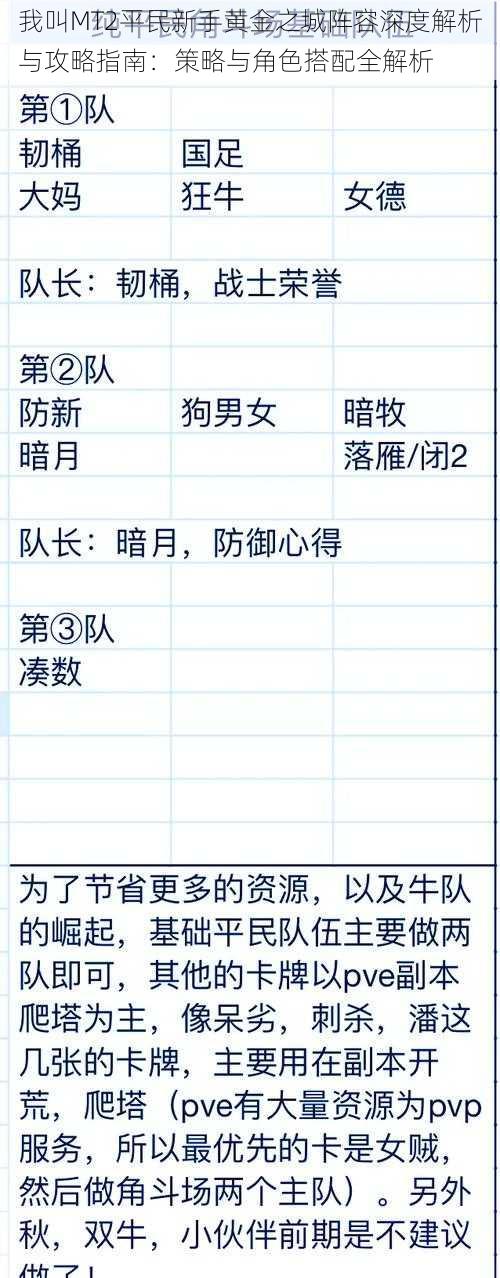 我叫MT2平民新手黄金之城阵容深度解析与攻略指南：策略与角色搭配全解析