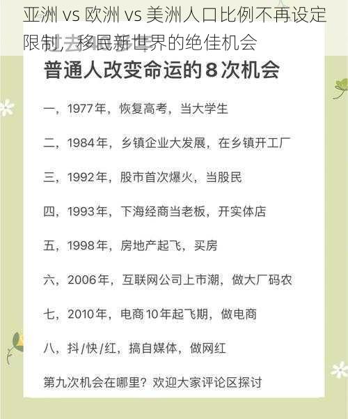 亚洲 vs 欧洲 vs 美洲人口比例不再设定限制，移民新世界的绝佳机会