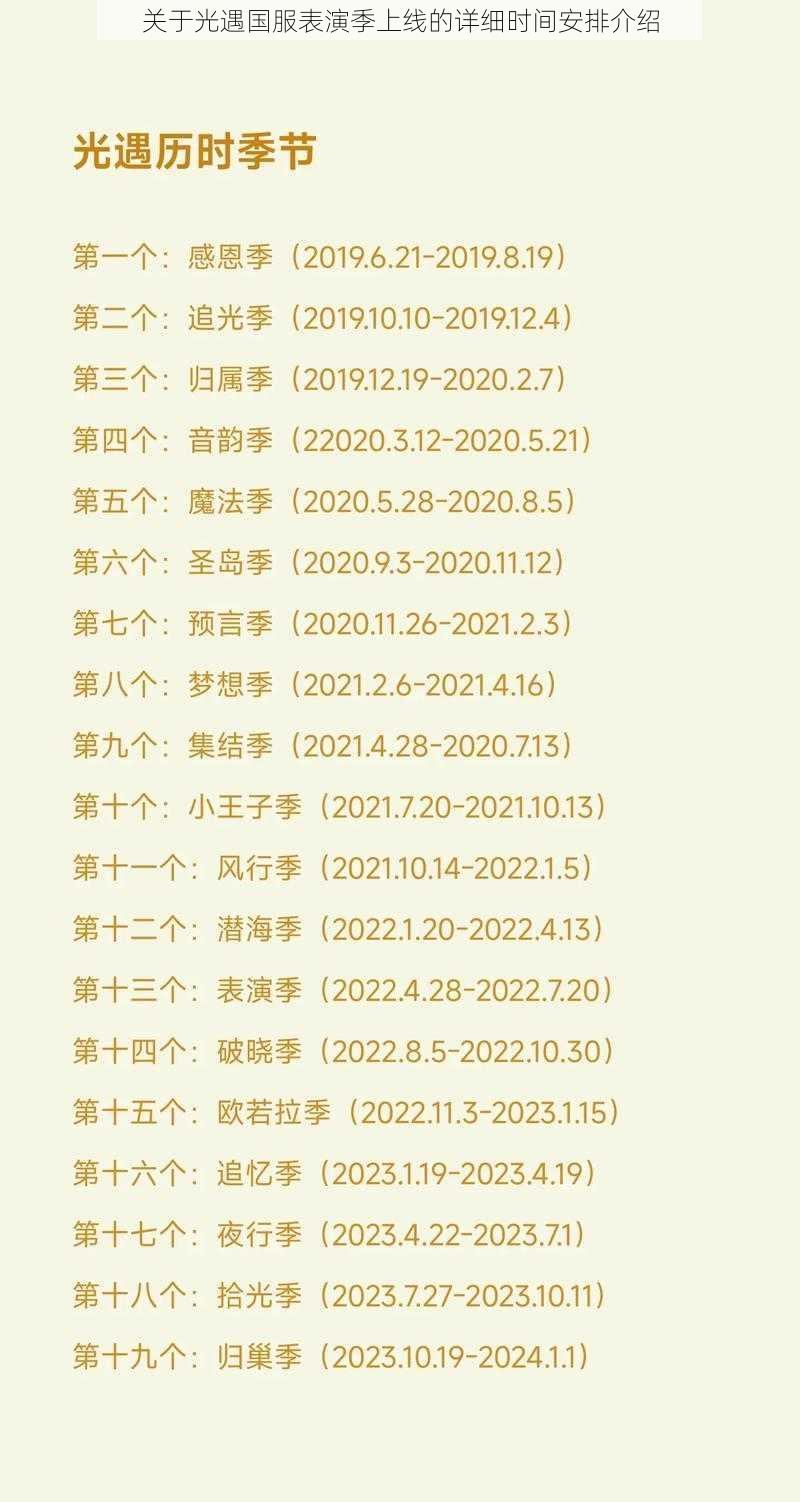 关于光遇国服表演季上线的详细时间安排介绍