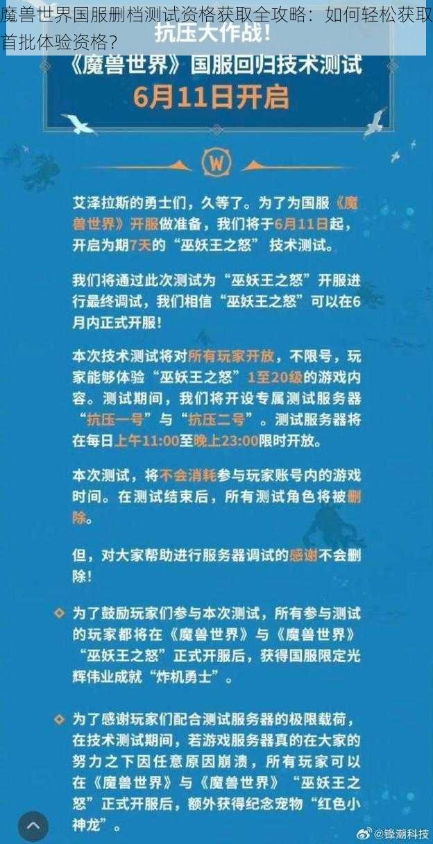 魔兽世界国服删档测试资格获取全攻略：如何轻松获取首批体验资格？