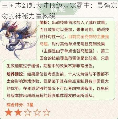 三国志幻想大陆顶级灵宠霸主：最强宠物的神秘力量揭晓